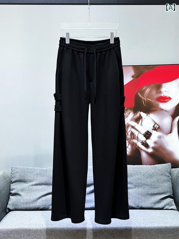 メンズ パンツ 韓国スタイル カジュアル 秋 黒 ストレート ワイドレッグ スポーツ 機能的 コンフォート エレガント シック モダン ストリート