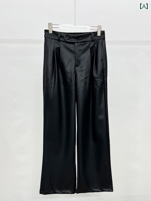 メンズ パンツ ハイエンド ストレートレッグ スリム ブラック PUレザー ドレープ カジュアル ワイドレッグ シック モダン エレガント モード