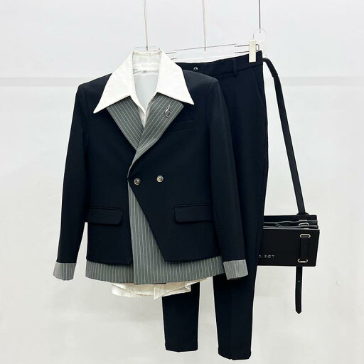 紳士服 春秋 スタイル ストライプ ダブルブレスト スプライシングスーツ スーツ メンズ 韓国 ジャケット エレガント シック スタイリッシュ 紳士服 春秋 スタイル ストライプ ダブルブレスト スプライシングスーツ スーツ メンズ 韓国 ジャケット エレガント シック スタイリッシュ