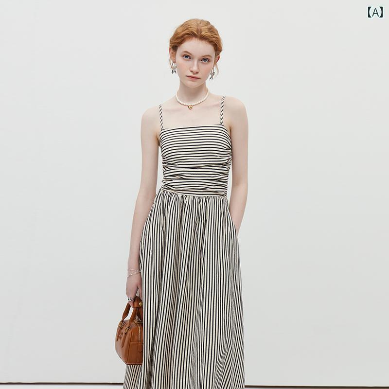 ストライプ プリーツ ドレス レディース サスペンダー スカート ボーダー フレア サマー クラシック カジュアル エレガント