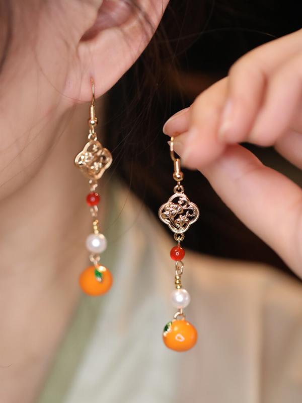 ピアス おしゃれ チャイナ風 レトロ 柿 モチーフ ロング 女性 ファッション エレガント チャーム レデ..