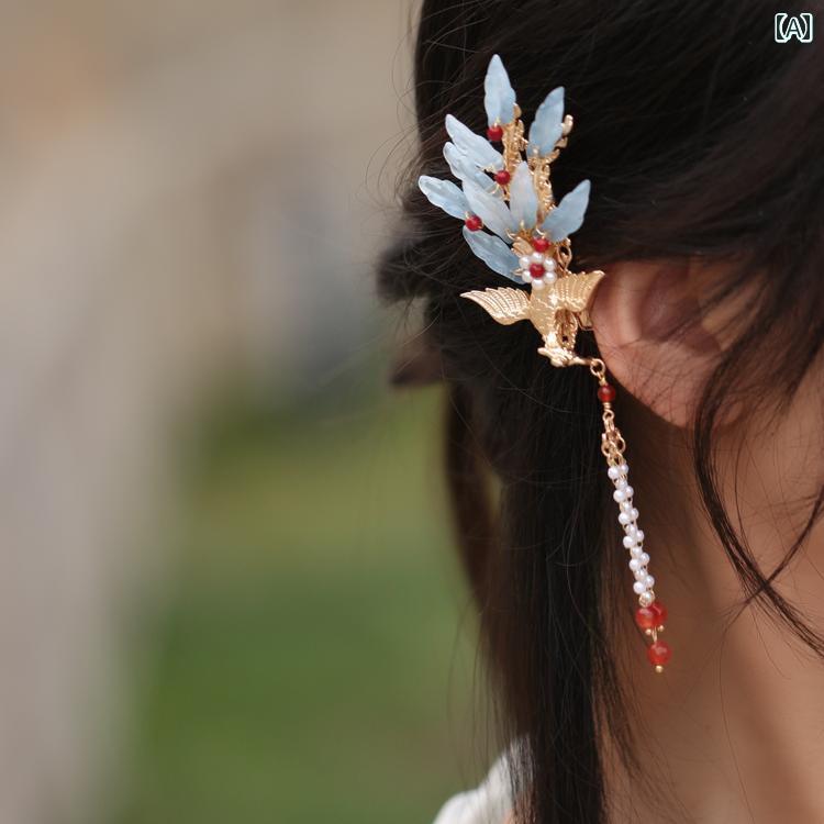 ヘアアクセサリー クリップ ヘアピン 鳳凰 青 ビーズ 花 タッセル 房 ロング サイド 髪飾り 髪留め 中..