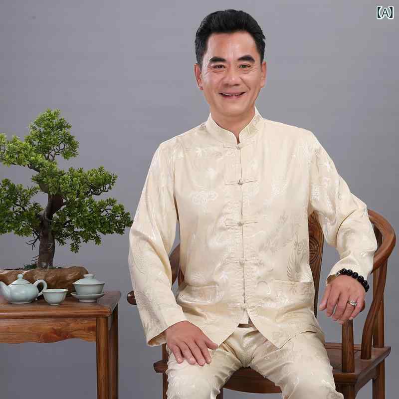 春夏 唐装 メンズ 長袖 冷感 チャイナ風 カジュアル セットアップ シニア向け ゆったり 快適 おしゃれ