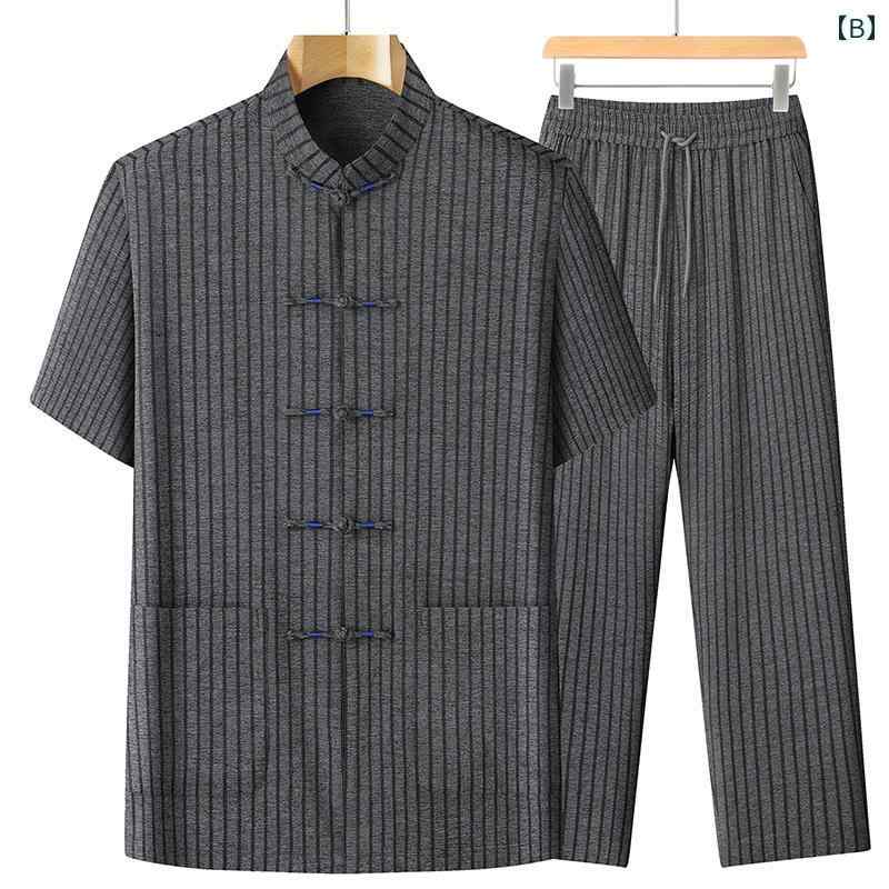 チャイナ風 唐装 メンズ レトロ 半袖 お父さん 夏 薄手 シルク リラックス 父の日 涼感 ダークグレー ワインレッド ベージュ