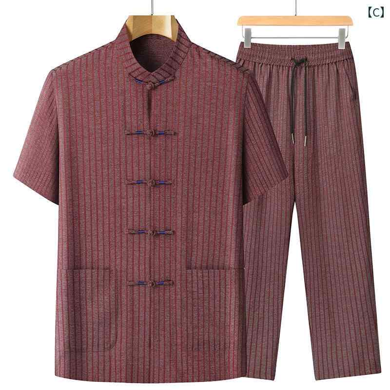 チャイナ風 唐装 メンズ レトロ 半袖 お父さん 夏 薄手 シルク リラックス 父の日 涼感 ダークグレー ワインレッド ベージュ