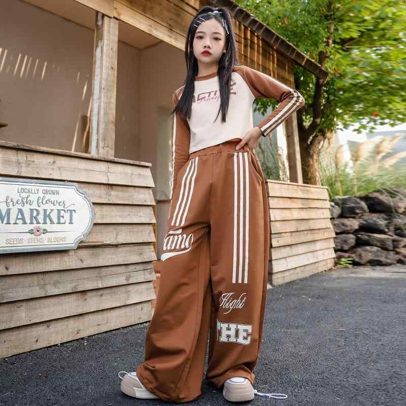 子供服 キッズ ダンス 衣装 ジャズ ストリート へそ出し ヒップホップ パフォーマンス スタイリッシュ アクティブ カジュアル ブラウン 茶色