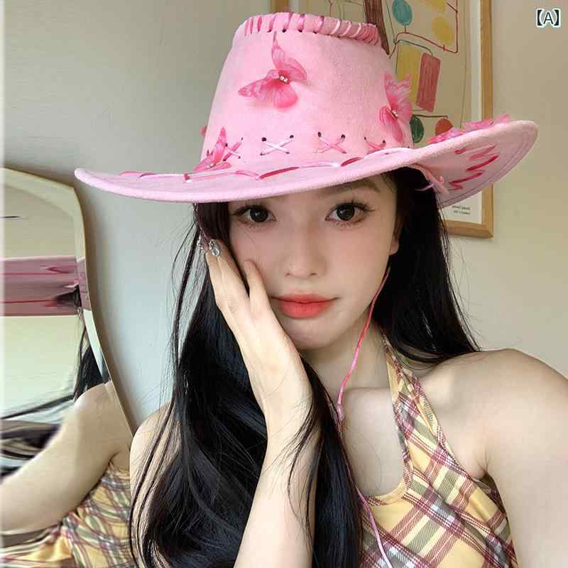テンガロンハット 帽子 レディース アメリカン レトロ ピンク 蝶 ウエスタン カウボーイハット 夏 スタ..