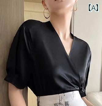 レディース トップス シャツ 単品 半袖 Vネック 黒 パフスリーブ ゆったり袖 クロス サテン風 シルキー..