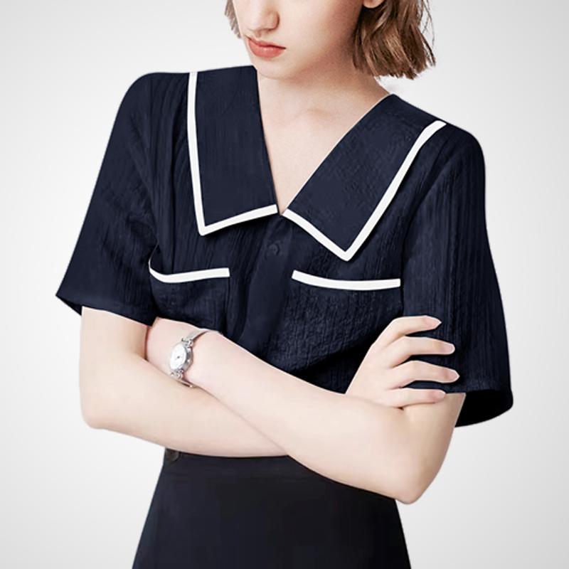 シンプル フレンチ シック パリ 半袖 シャツ レディース 夏 トップス ボタン仕様 エレガント モダン ネイビー 紺色 通勤 ビジネスカジュアル