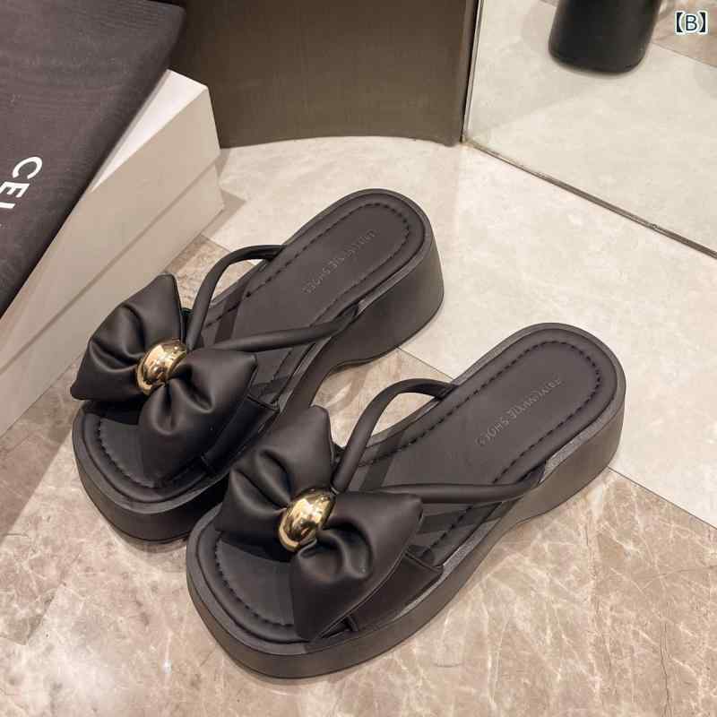 サンダル 女性用 夏 厚底 ソフトソール ウェッジ ヒール フェアリー レディース リボン ブラック ベージュ