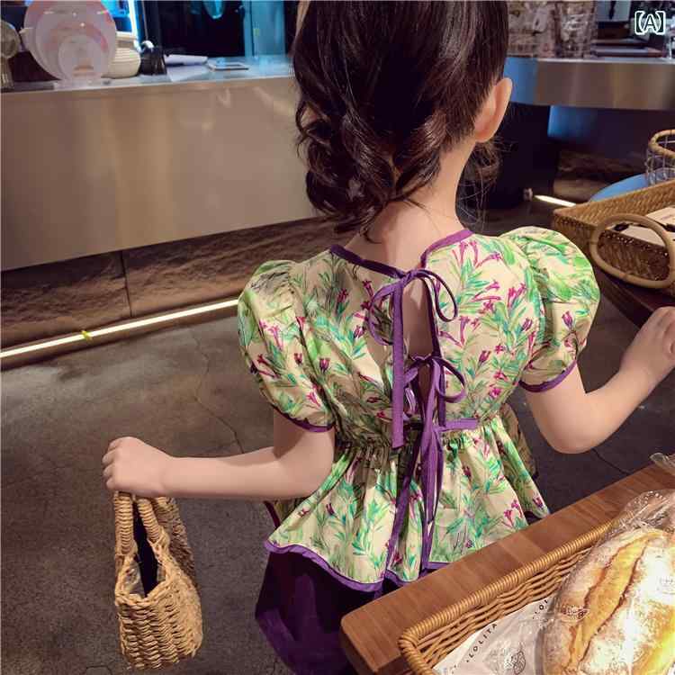 キッズ 子供服 トップス ブラウス パフスリーブ ガールズ パンツ ズボン ボトムス 夏 レトロ クラシカル