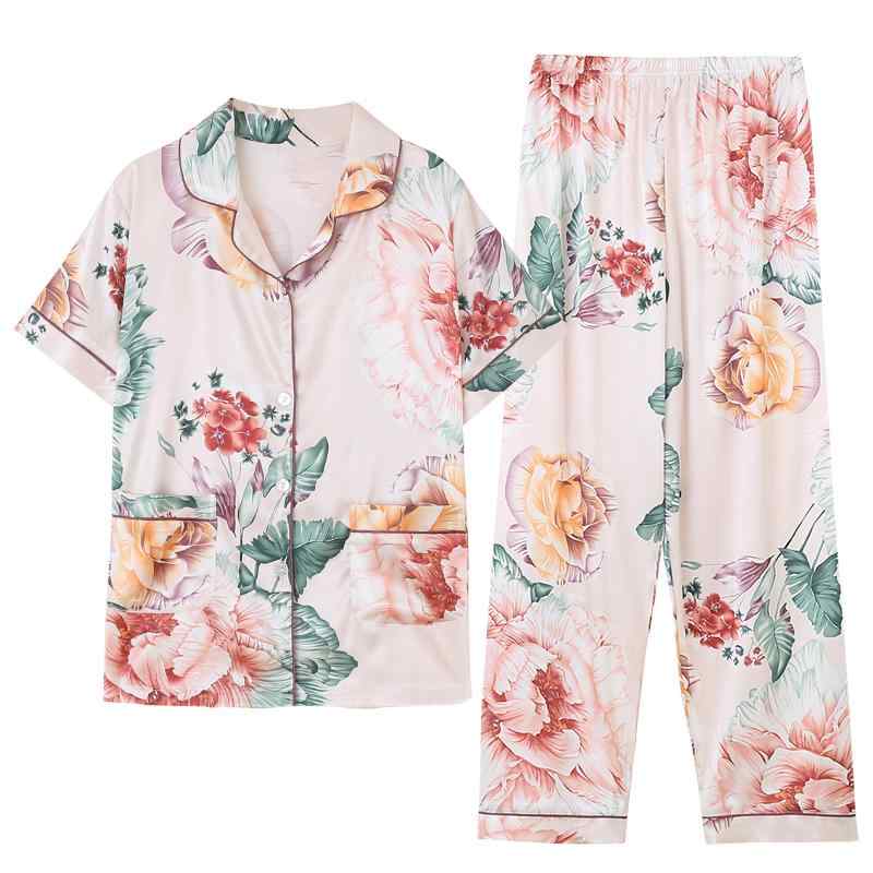 パジャマ ルームウェア セット ナイトウェア 人の 夏 冷感 レディース ハイエンド 母 半袖 ズボン ホーム 服