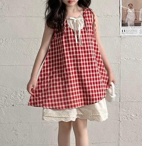 楽天ラ・グラーヌワンピース 女の子 サマードレス ノースリーブ チェック柄 赤 青 ダブル構造スタイル レーススカート オフホワイト リボンループ カジュアル キュート ガーリー 薄手 フェミニン キッズ 涼感 快適