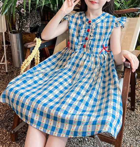 ワンピース 女の子 サマードレス ノースリーブ 青 チェック柄 赤ドット フリル袖 ハーフホタン 赤ボタ..