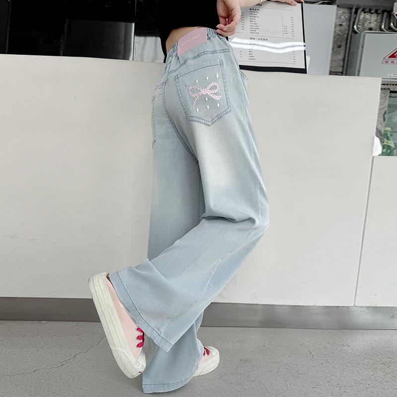 子供服 女の子 夏用 細身 パンツ ビッグキッズ ワイドレッグパンツ 中学生用 ジーンズ ジュニア 暑さ対策 キュート クール デイリーユース ガーリー