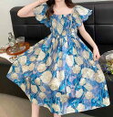 ワンピース 女の子 ドレス 半袖 フリルスリーブ フレア ブルー 白 ローズ柄 薔薇 背中開き ギャザープリーツ プリンセス エレガント 華やか おしゃれ 優雅 ガーリー スタイリッシュ 大きいサイズ ガールズ