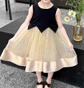ワンピース 女の子 ドレス ノースリーブ 黒 アイボリー カラーブロック ウエスト ギザギザカット ソフト プリンセス チュール メッシュ ガーゼ ドット柄 フレア かわいい 優雅 背中開き 華やか 上品 ソフト おしゃれ