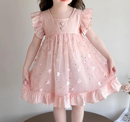 ワンピース 女の子 ドレス ノースリーブ 西洋風 フェアリー 薄手 フリル袖 フリル裾 薄ピンク 白 ハー..