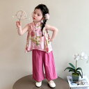 漢服 キッズ ガールズ ファッション チャイナ風 スーツ 夏コーデ セットアップ シャツ パンツ 伝統的 ボタン フラワーモチーフ ゆったり リラックス お祭り カジュアル キュート