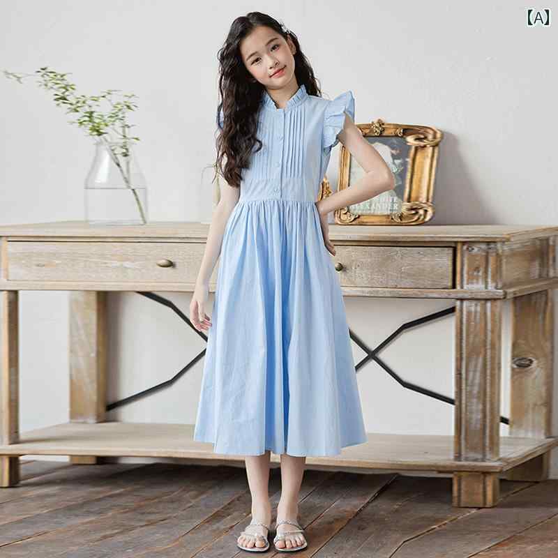 女の子 ドレス フレンチ 薄青 無地 ワンピース フライングスリープ フリル袖 立ち襟 フリル襟 縦織プリ..