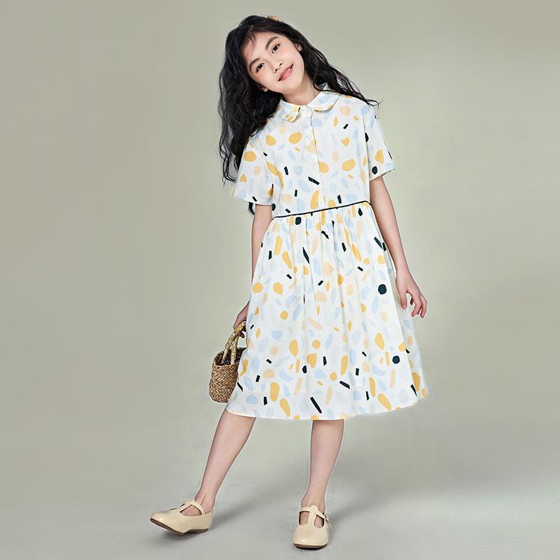 ワンピース 女の子 ドレス 半袖 親子 家族コーデ シャツドレス 白 手書き 図形 ハート 黄 薄青 黒 フル..