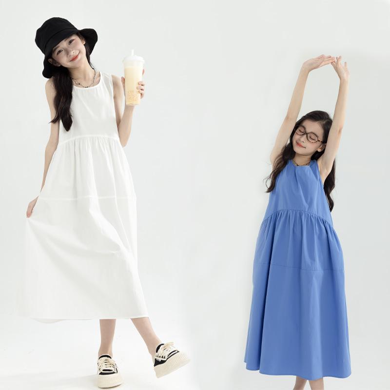 楽天ラ・グラーヌ女の子 ドレス ノースリーブ ワンピース 青 白 無地 プリーツ 綿混紡 韓国風 ポケット シンプル カントリー リゾート ナチュラル リラクシング リゾート オーガニック サマードレス
