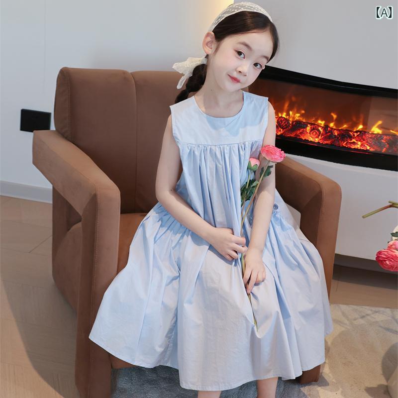 ワンピース キッズ 女の子 夏 ドレス ベスト スイング スカート 子供用 カジュアル シンプル コットン ノースリーブ 無地 スカート