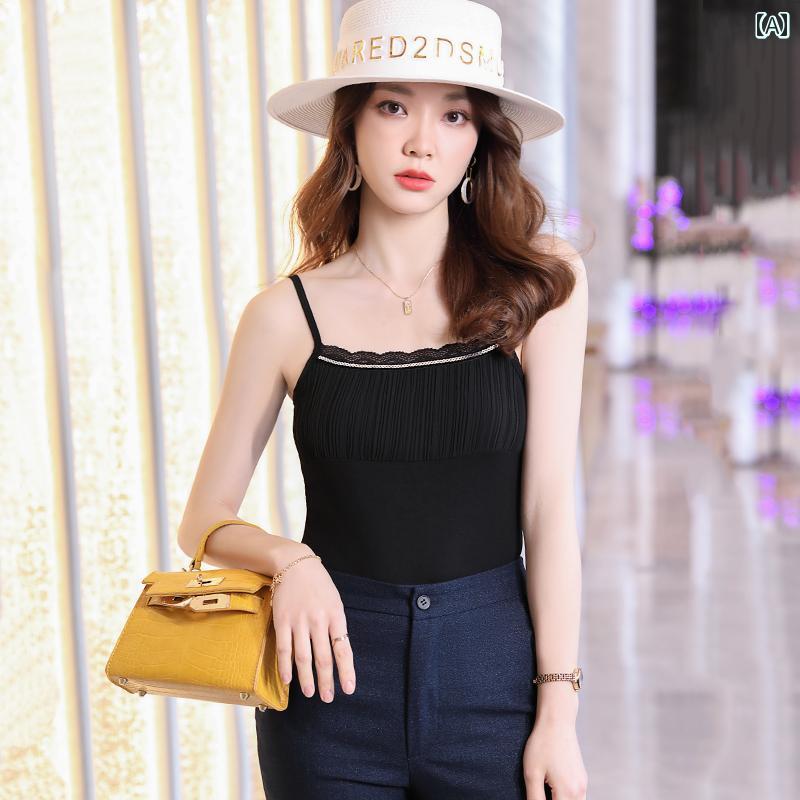 レディース シャツ 婦人服 女性用 魅惑的 キャミソール 夏 ホワイト プリーツ インナー レース トップス 大きいサイズ