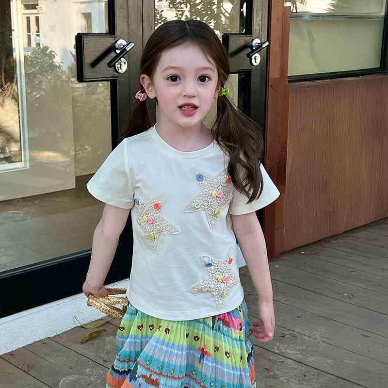 子供服 女の子 万能 おしゃれ エスニック カジュアル ファッション 半袖 Tシャツ 夏 手縫い ボタン トップス