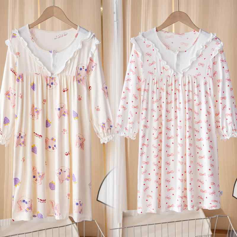 女の子 夏 ナイトドレス 子供用 薄手 ミドル スリーブ ゆったり パジャマ フレンチ ガーリー スタイル ..