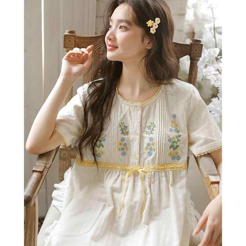 パジャマ ルームウェア レディース 夏用 胸パッド付 刺繍 コットン 半袖 シンプル ガーリー おしゃれ