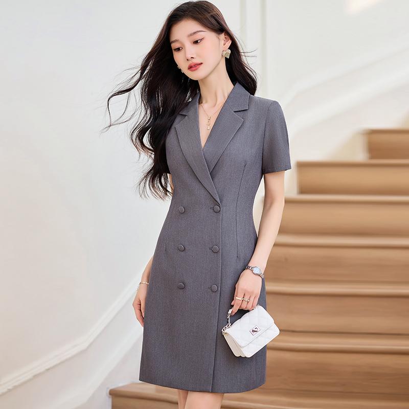 レディース ワンピース スタイリッシュ おしゃれ シンプル グレー ドレス ビジネスウェア フォーマル ワークウェア 作業着 夏 半袖 スカート 女性 大きいサイズ