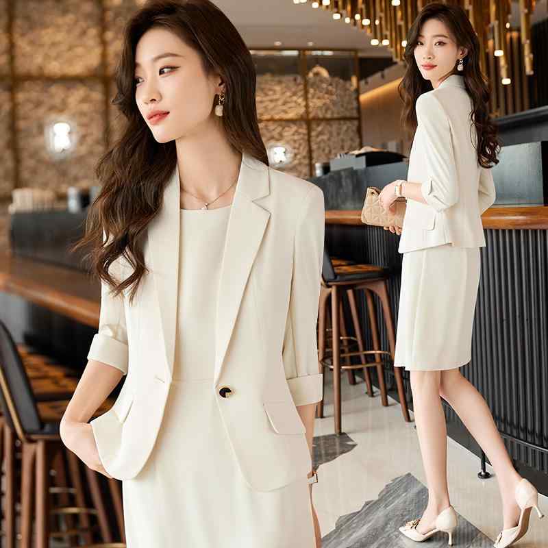 レディース ビジネス フォーマル オフホワイト カジュアル スーツ ジャケット 夏 七分袖 小柄な人向け インナー ワンピース 付き 2点 セット 薄手