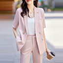 レディース スーツ おしゃれ フェミニン オフィス パンツスーツ ビジネス フォーマル ミッド スリーブ スーツ 夏 薄手 スリムフィット ファッション 通勤 スタイル ワーキングウェア 仕事着 カジュアル スーツ