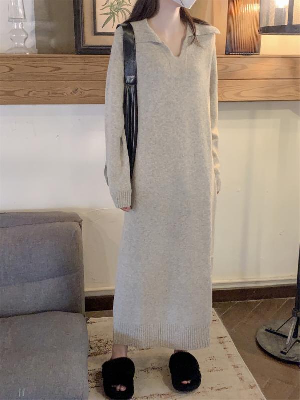 ワンピース 秋冬 ストレート セーター ドレス レディース ロング コート 付き シンプル ソフト ワックス インナー Vネック ニット ドレス ファッション