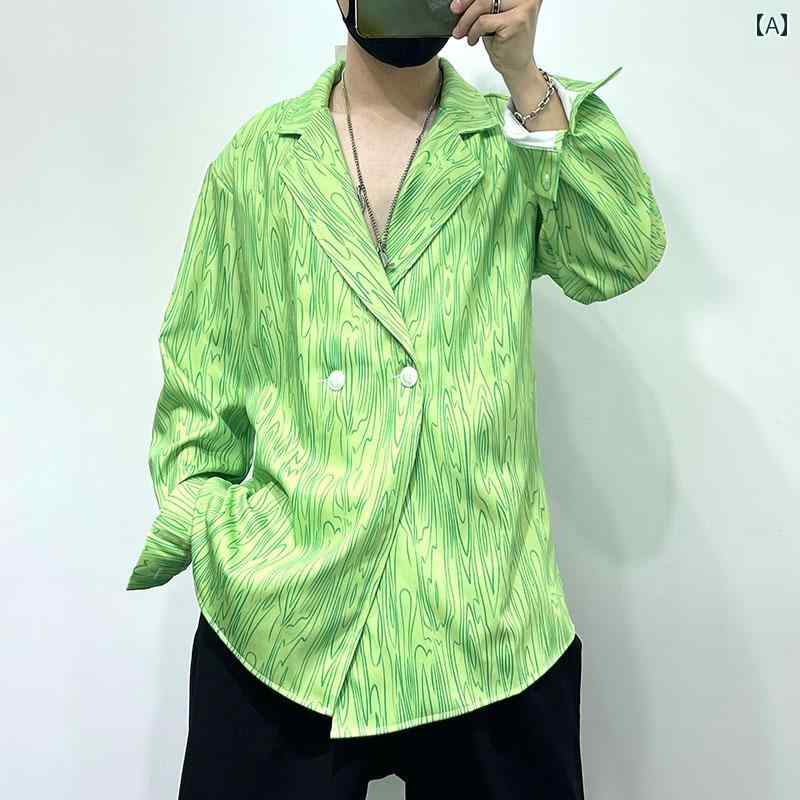 メンズ ファッション ダークスタイル 不規則 ストライプ プリント アイロンフリー シャツ ストリートスタイル トップス