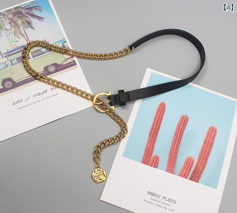 レディース ベルト 装飾的な ドレス スーツ パンチなし レトロ シンプル ウエスト チェーン ホット 黒 ..