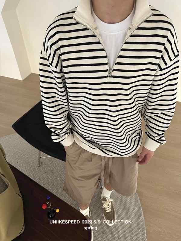 秋ファッション 男性用 ストライプ ハーフジップ スウェットシャツ カジュアル スタンドカラー プルオーバー シンプル 長袖 Tシャツ 上品 モダン 普段着