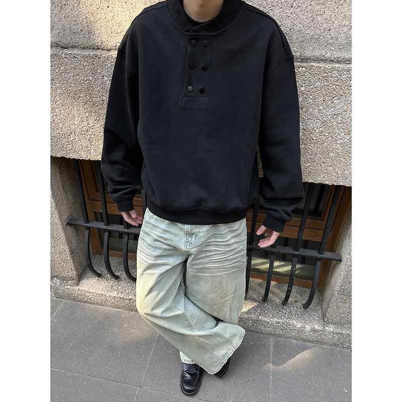 春秋 メンズ アメリカン ヘビーウェイト スウェットシャツ ハイエンド ヘビーデューティー ダブルブレスト シンプル プルオーバー 長袖 トップス スタイリッシュ 高品質