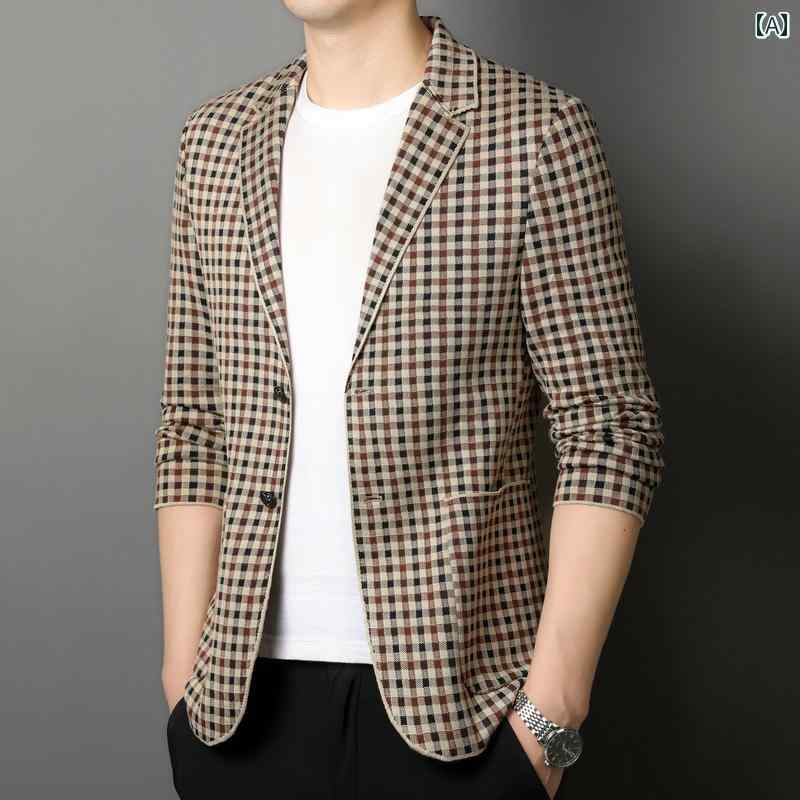 春秋 チェック柄 スーツ メンズファッション ニット カジュアル スーツ スリム シングルジャケット ビジネス アーバン モダン シンプル スタイリッシュ