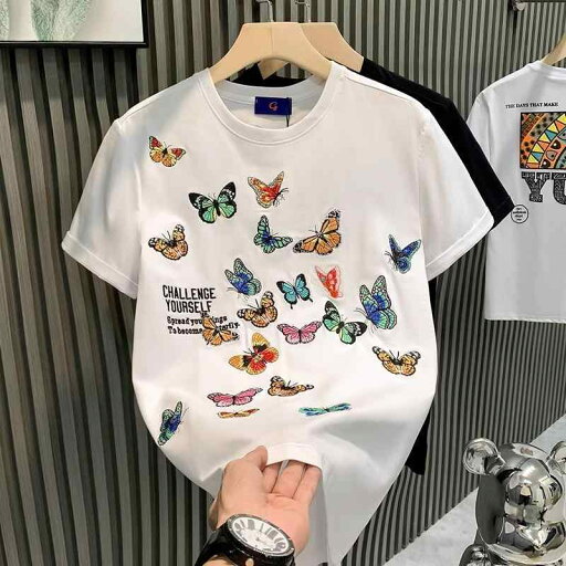 メンズ 半袖 蝶 刺繍 シンプル カジュアル おしゃれ トップス ゆったり 大きいサイズ 快適 万能 カットソー メンズ 半袖 蝶 刺繍 シンプル カジュアル おしゃれ トップス ゆったり 大きいサイズ 快適 万能 カットソー