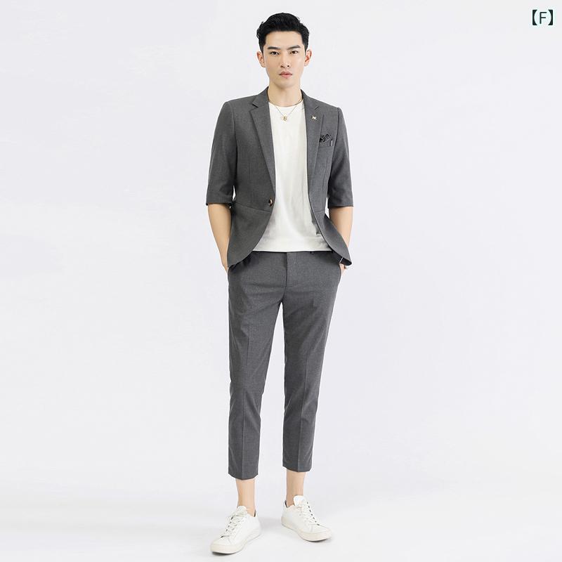 ジャケット スーツ パンツ セットアップ カジュアル おしゃれ ファッション メンズ 夏 薄手 韓国 スリムフィット 七分丈 大きいサイズ トレンディ モダン