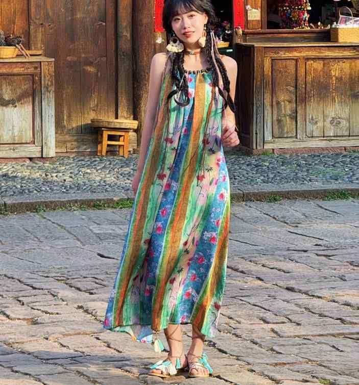 レディース リゾート ファッション チャイナ風雲 南 旅行 衣装 民族風 サスペンダー ドレス カーディガン ツーピース