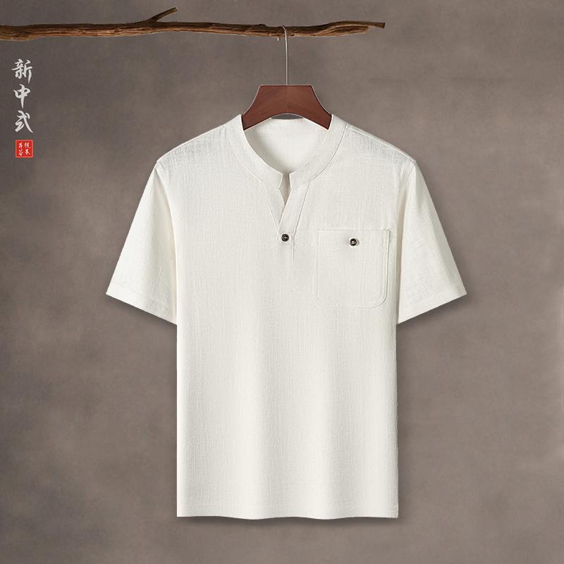 チャイナ風 リラックス 夏 モダン 薄手 シンプル Vネック 半袖 リネン カジュアル 唐装 Tシャツ ゆったり メンズ ショートパンツ ロングパンツ