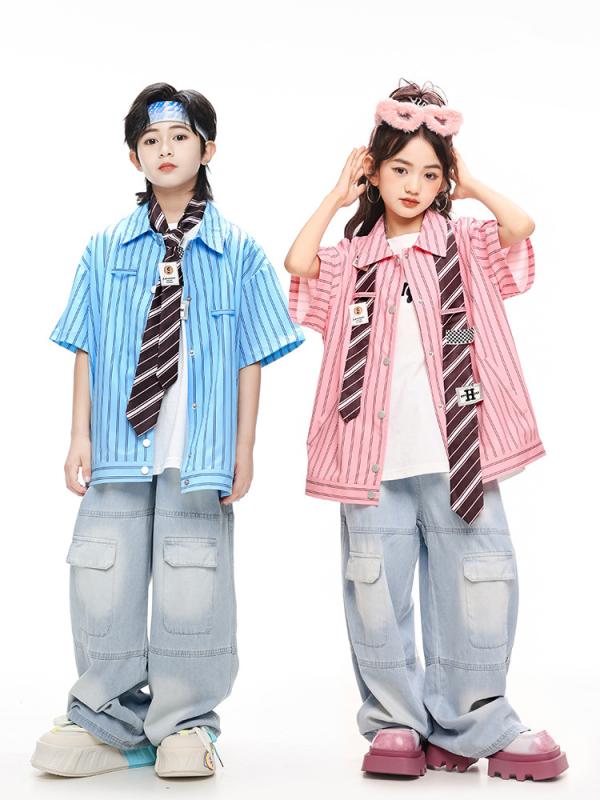 子供服 キッズ ストリート カジュアル ファッション キャンディーカラー ストライプシャツ おしゃれ かわいい ダンス パフォーマンス 衣装