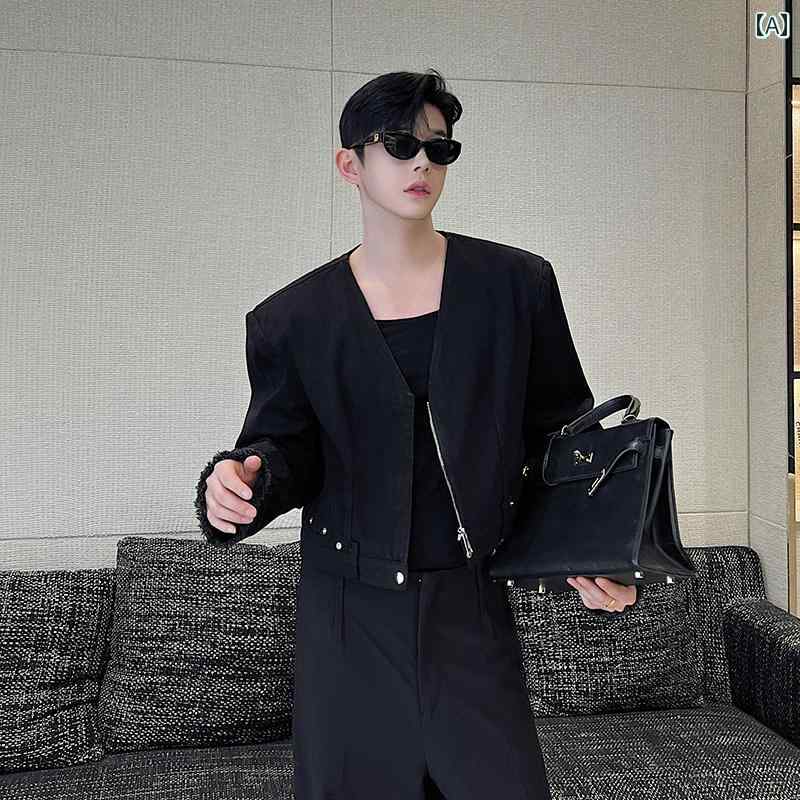 ジャケット メンズ 韓国 秋 レトロ 短いvネック デニム 男性用 シック クール 黒 青 長袖