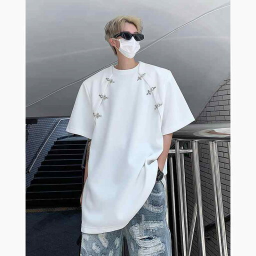 夏 メタル バックル ショルダーパッド 半袖 Tシャツ メンズ 韓国 ハイエンド ラウンドネック シンプル 夏 メタル バックル ショルダーパッド 半袖 Tシャツ メンズ 韓国 ハイエンド ラウンドネック シンプル