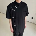 ファッション メンズ チャイナ風 半袖 Tシャツ メンズ シャツ レトロ ダーク スタンドカラー ショルダーパッド トップス 夏 ゆったり