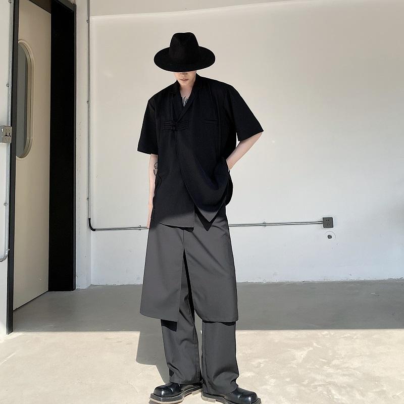 メンズ ファッション 夏 ダーク フェイク ツーピース 袴 レトロ カジュアル ストレートパンツ ミッドハイウエスト オールシーズン
