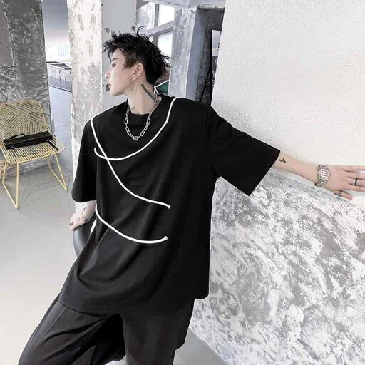 メンズ トップス 夏 クール ショルダーパッド 半袖 Tシャツ 白黒 巾着 ラウンドネック オールシーズン ゆったり メンズ トップス 夏 クール ショルダーパッド 半袖 Tシャツ 白黒 巾着 ラウンドネック オールシーズン ゆったり